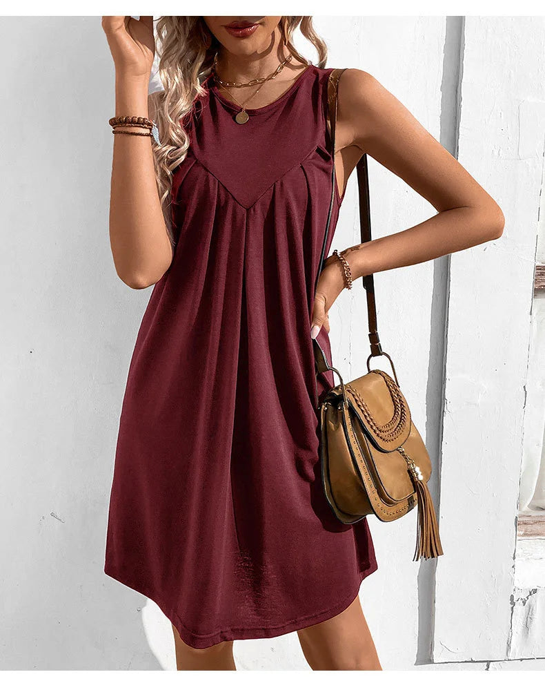 Casual Plain Elegant Cotton-Blend Crew Neck Sleeveless Midi Dress