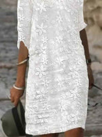 Lace Casual Plain Three Quarter Crew Neck Dress