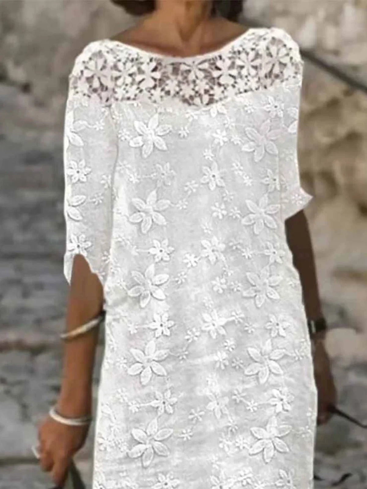 Lace Casual Plain Three Quarter Crew Neck Dress