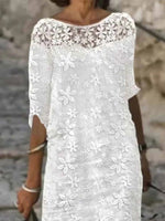 Lace Casual Plain Three Quarter Crew Neck Dress