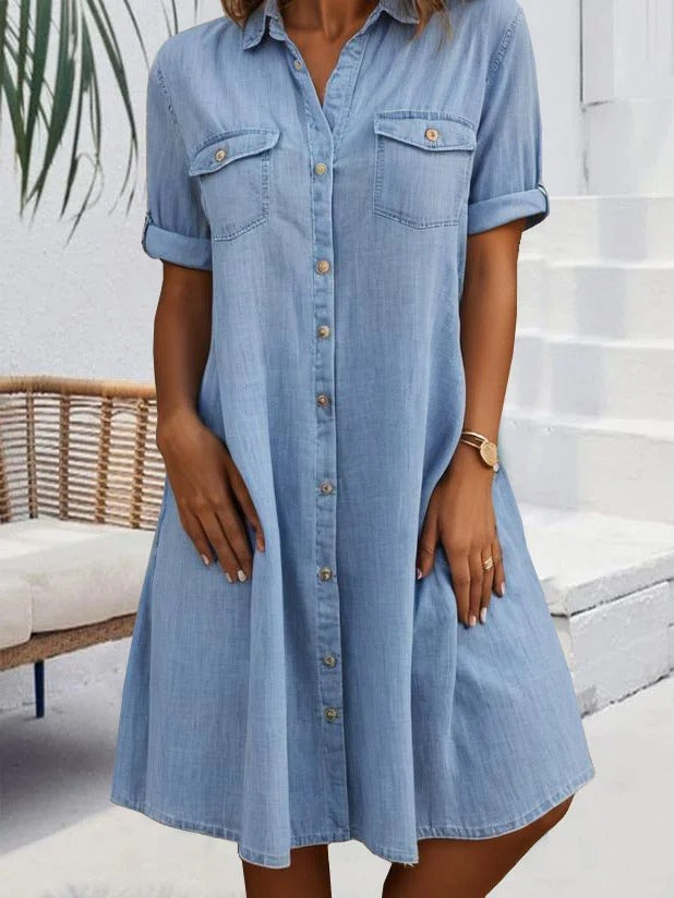 Casual Buckle Loose Shirt Collar Denim Short Dress