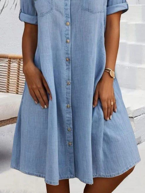 Casual Buckle Loose Shirt Collar Denim Short Dress