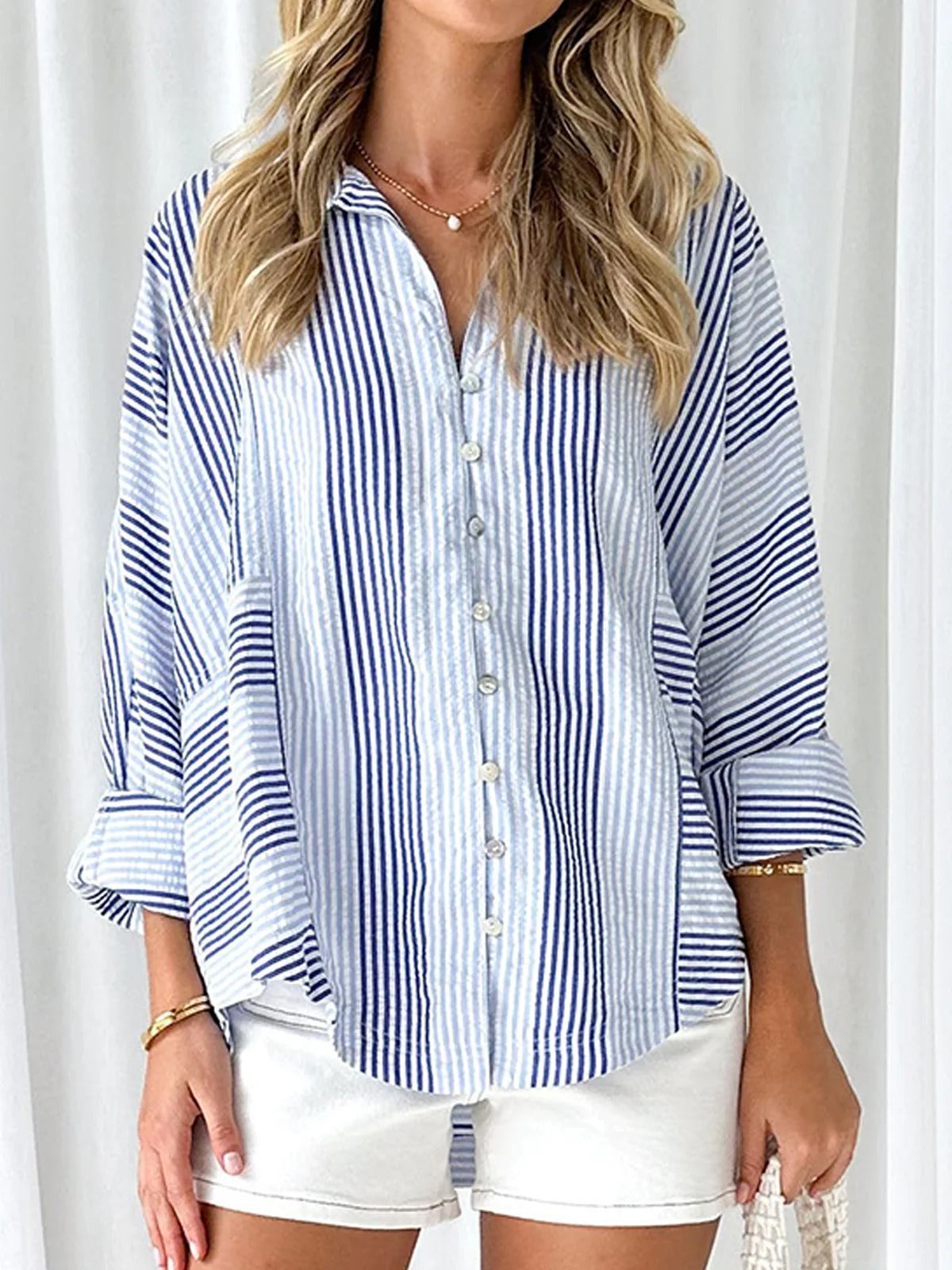Casual Striped Shawl Collar Blouse
