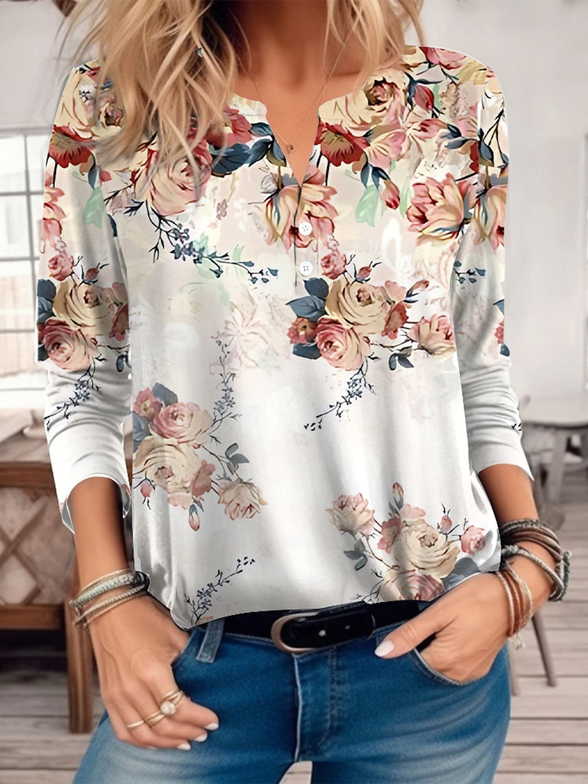 Floral Buttoned Casual T-Shirt