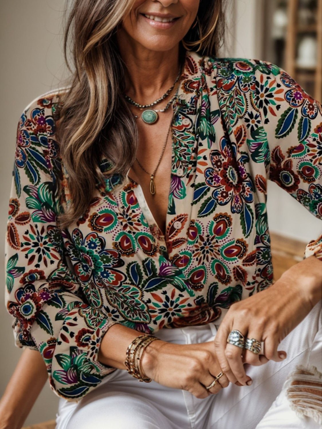 Floral Buttoned Casual Loose Blouse