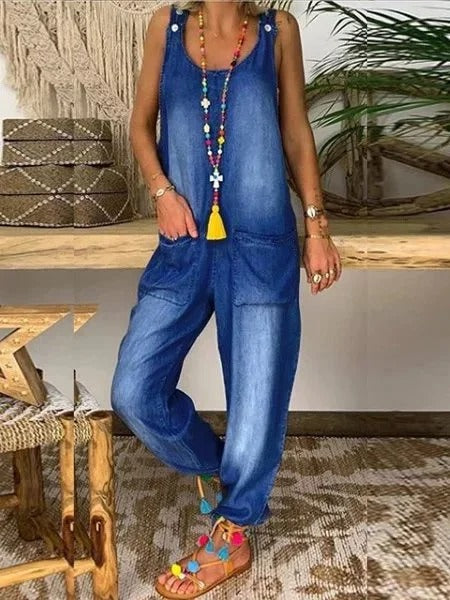 Light Blue Pockets Casual U-Neck Jumpsuit & Romper