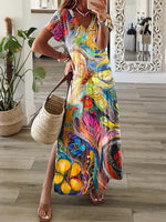 Women's Abstract Casual Short Sleeve Shift Knitting Maxi Dress