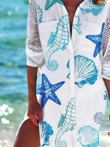 Women's Casual Marine Life Loose V neck Half Sleeve Short Dress