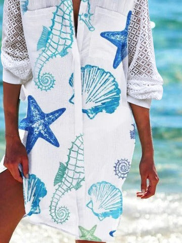 Women's Casual Marine Life Loose V neck Half Sleeve Short Dress