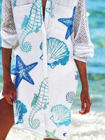 Women's Casual Marine Life Loose V neck Half Sleeve Short Dress