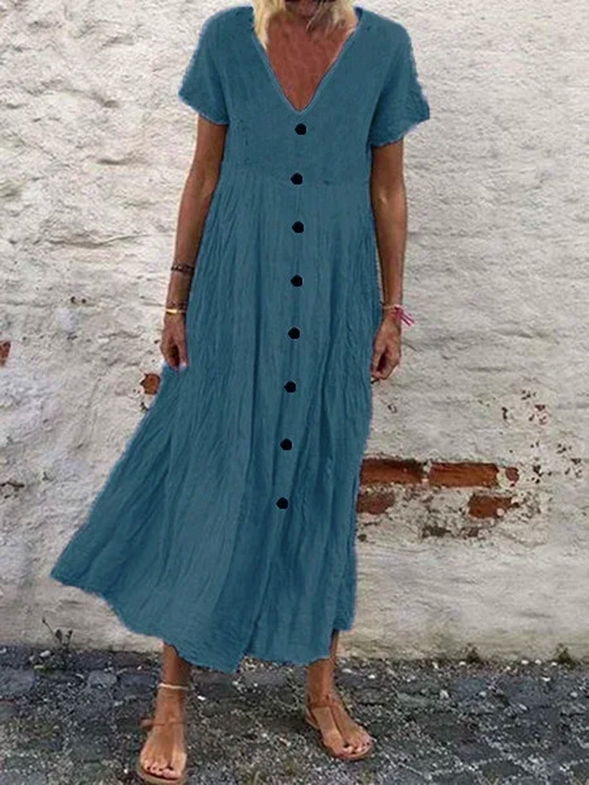 Cotton Plain V Neck Casual Boho Short Sleeves Maxi Dress