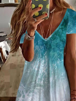 Sea Gradient Painted V-Neck Short Sleeve Casual Short Dress