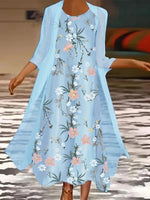 Robe maxi deux pièces bleu ciel à imprimé floral et col rond