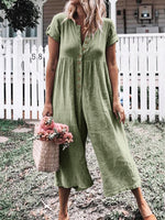 Solid Color Button Casual Wide Legs Short Sleeve Jumpsuit