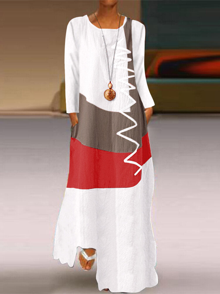 Print & Patchwork Long Sleeve Plus Size Maxi Dress with Pockets