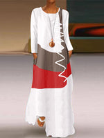 Print & Patchwork Long Sleeve Plus Size Maxi Dress with Pockets