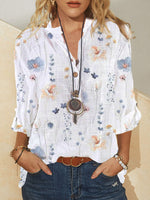 Floral & Plant Print Half Button Texture Roll Up Sleeve Shirt