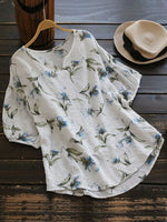 Flower Print Short Sleeve For Women V-neck Blouse