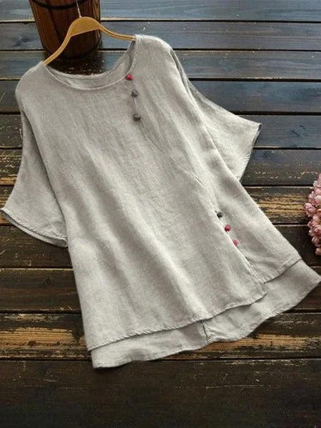 Women's Linen Button Short Sleeve Going out Weekend Streetwear Crew neck Regular Fit T-shirt