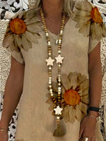 Khaki Cotton Printed V Neck Casual Mini Dress