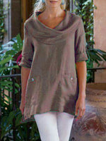 Women's Linen Cotton Cowl Neck Pockets Plain Casual Button Short Sleeve Blouse