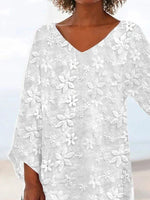 Women's Elegant White Floral Lace V Neck Asymmetric Hem Long sleeve Tunic Blouse