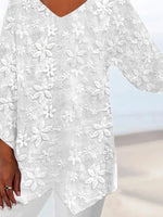 Women's Elegant White Floral Lace V Neck Asymmetric Hem Long sleeve Tunic Blouse
