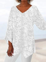Women's Elegant White Floral Lace V Neck Asymmetric Hem Long sleeve Tunic Blouse