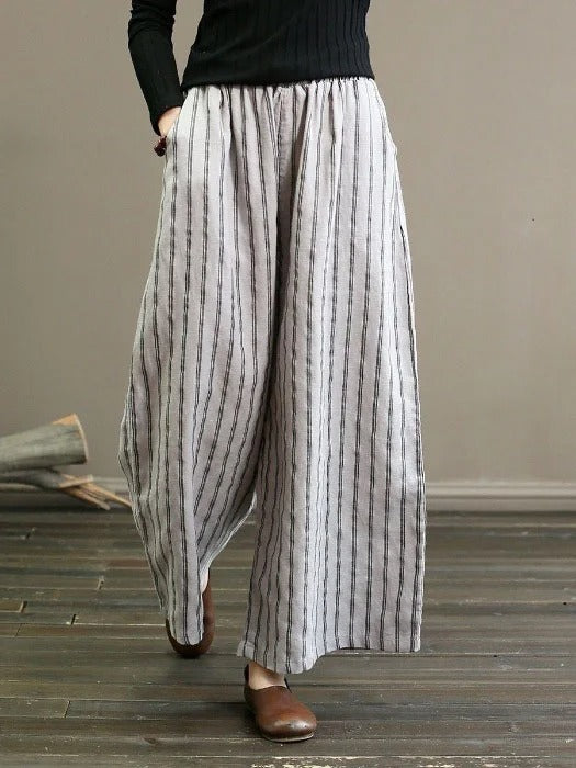 Women's Striped Wide Leg Pants Elastic Waist Drawstring Pockets Flowy Beach Pants