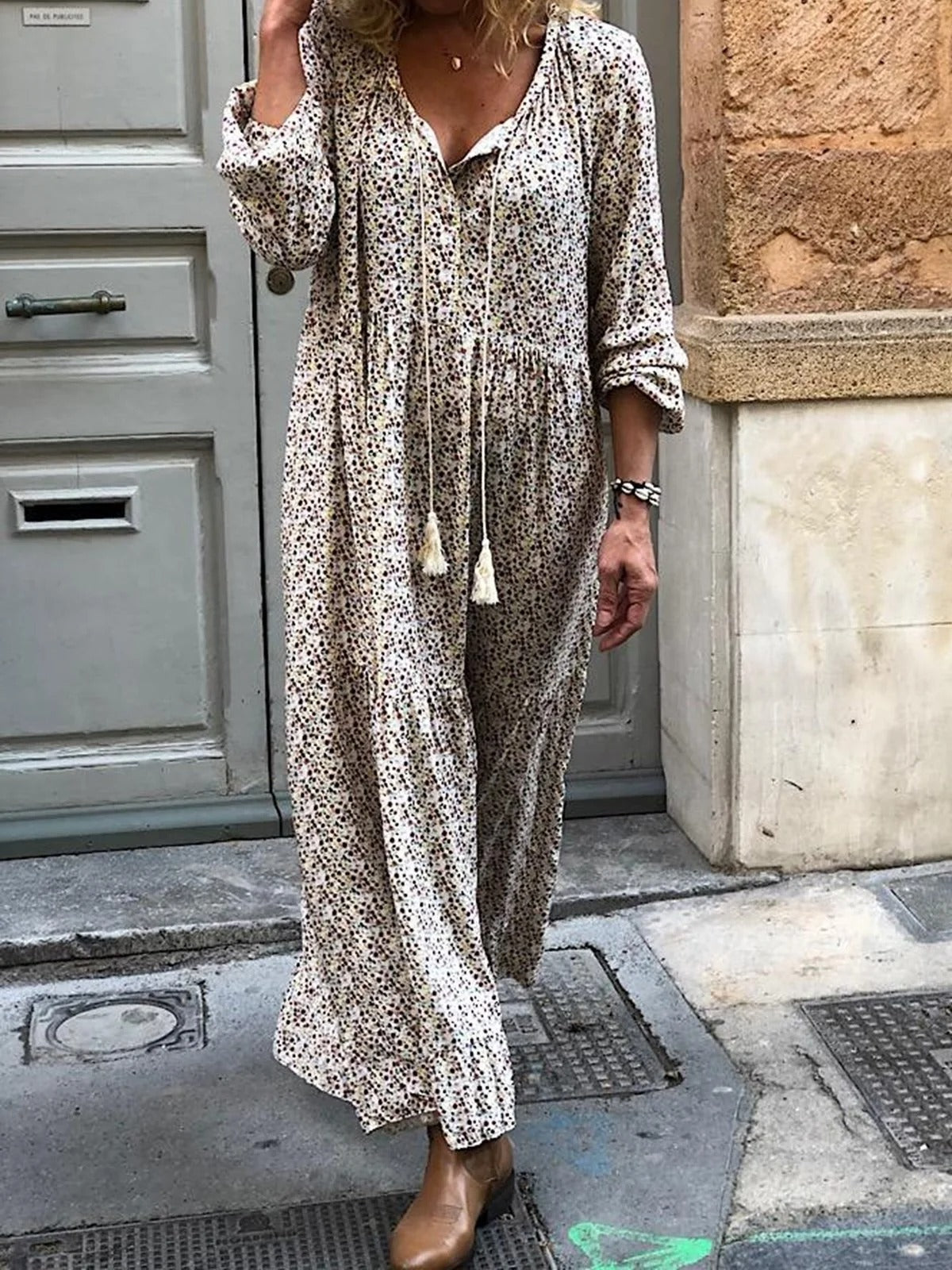 Boho Floral Long Sleeve V Neck Women's Maxi Dress– CURVECOMFY