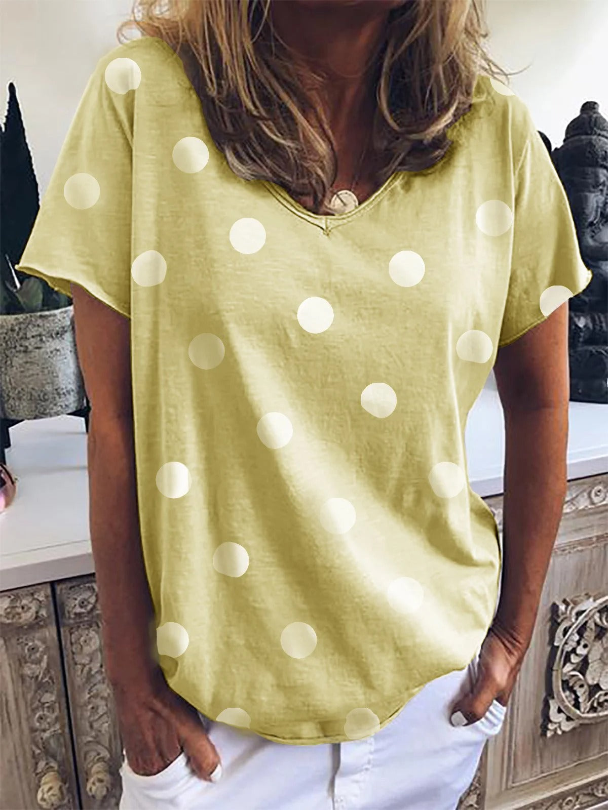 Short Sleeve Polka Dot V Neck Summer T-shirt