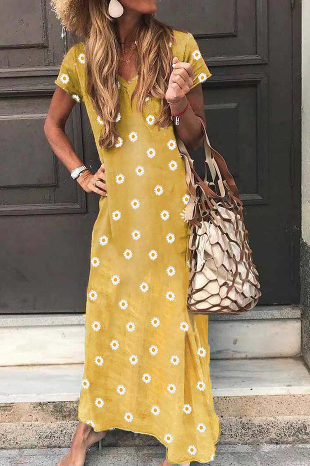 Summer Casual Retro Little Daisy Printed Short-sleeved V-neck Maxi Dress