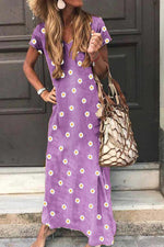Summer Casual Retro Little Daisy Printed Short-sleeved V-neck Maxi Dress