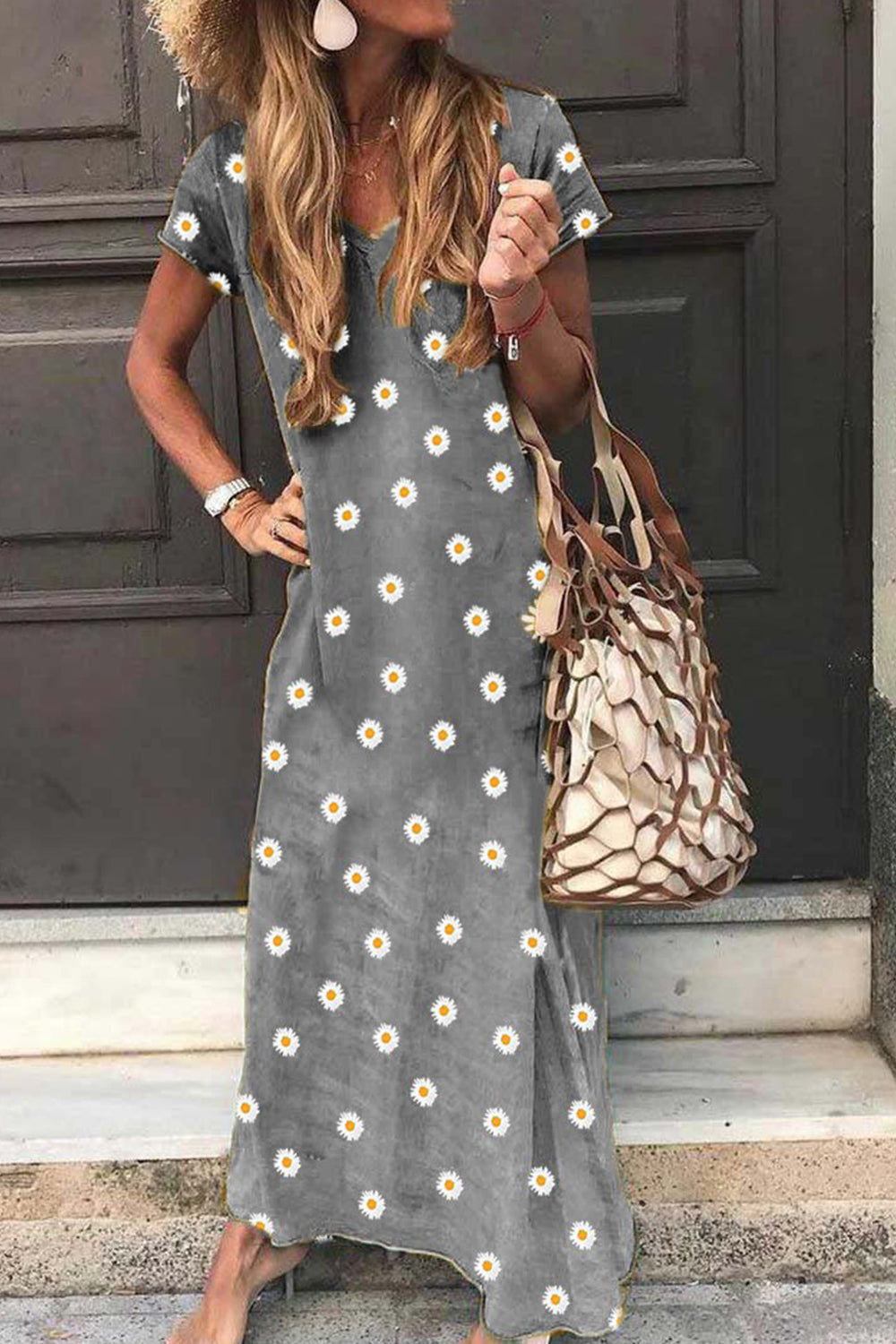 Summer Casual Retro Little Daisy Printed Short-sleeved V-neck Maxi Dress
