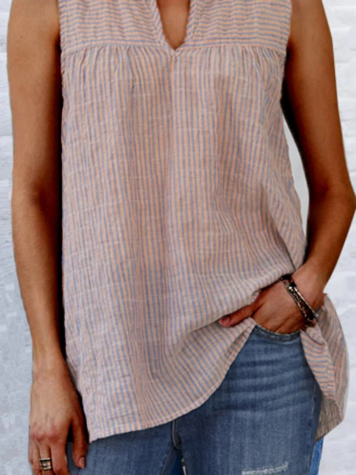 Striped Sleeveless Casual V Neck Blouse