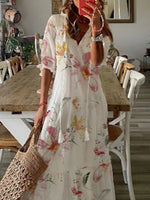 Casual Floral V Neck Short Sleeve Woven Maxi Dress