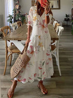 Casual Floral V Neck Short Sleeve Woven Maxi Dress