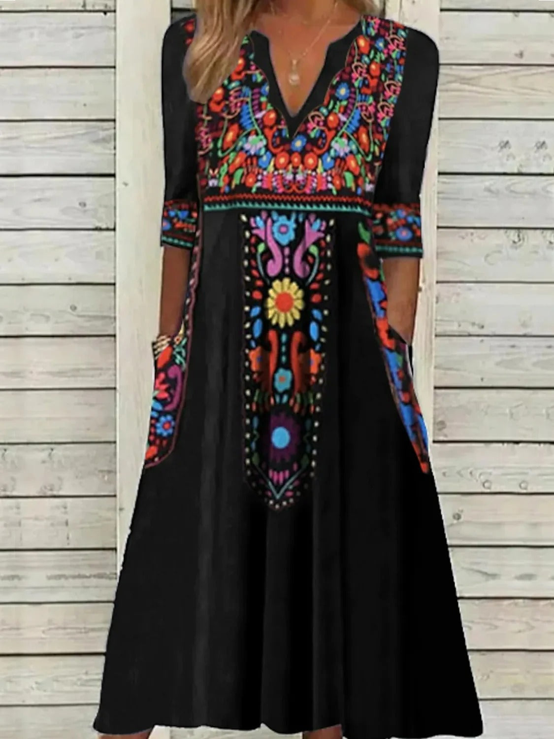 V Neck Boho Regular Fit Midi Dress