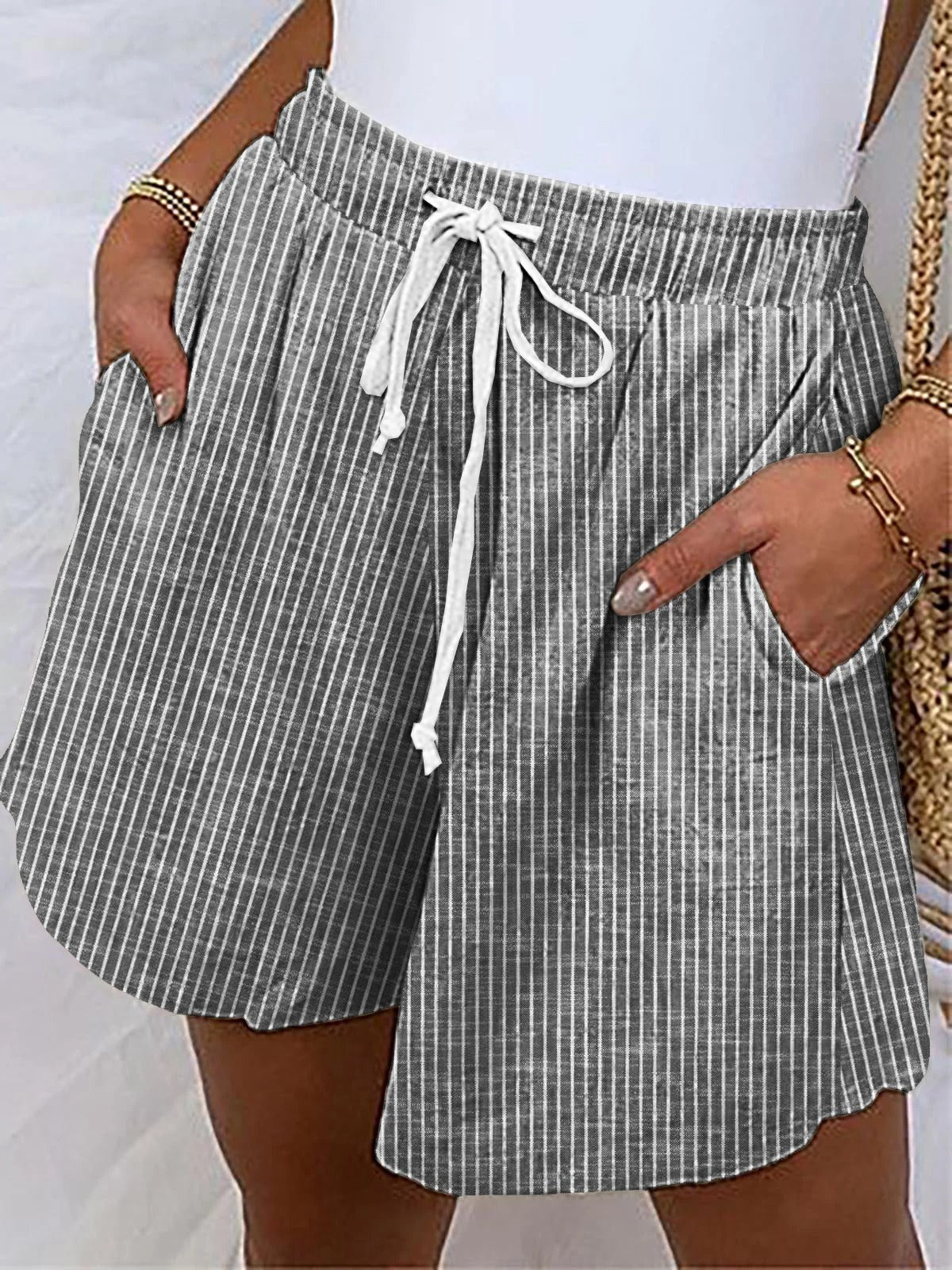 Cotton And Linen Striped Casual Loose Shorts
