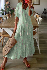 V Neck Casual Abstract Printed Maxi Dress