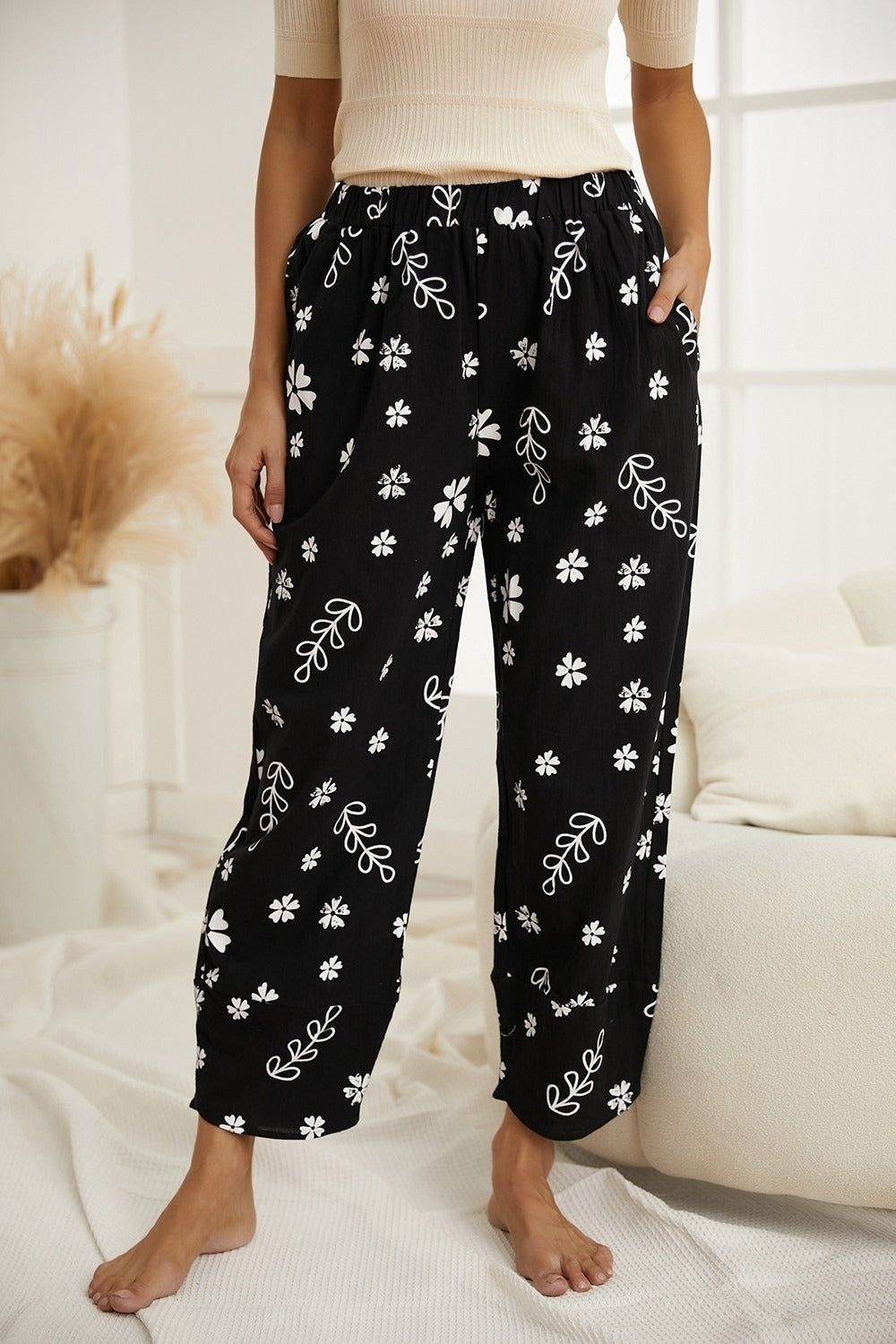 Casual Floral Printed Pockets Women All Season Pants
