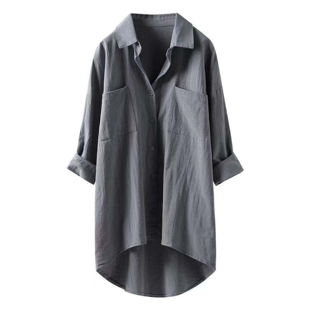 Solid Shirt Collar Cotton Linen Loose Shirt