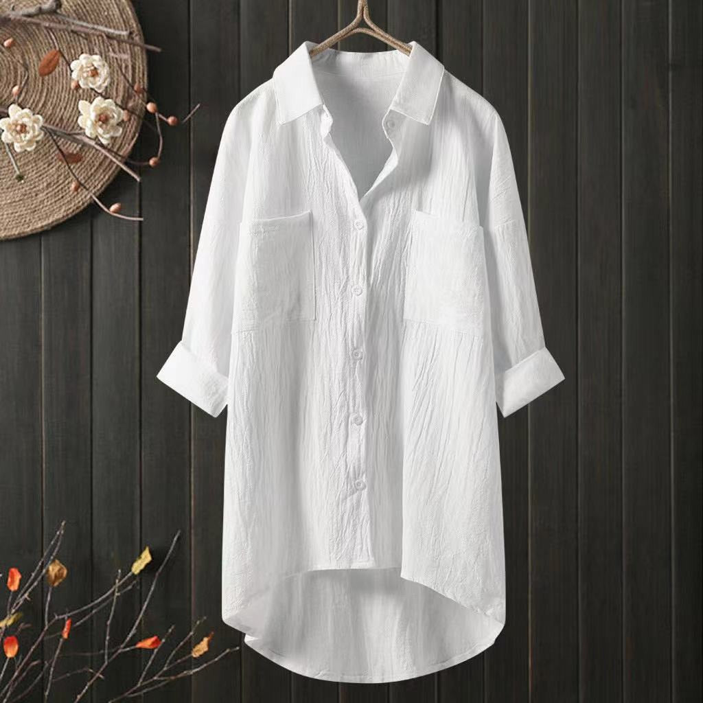 Solid Shirt Collar Cotton Linen Loose Shirt