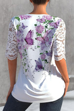 Floral Butterfly Print V-neck Lace Half Sleeves Blouse