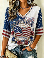 Women's Retro Independence Day Anniversary Print Cotton Linen T-shirt