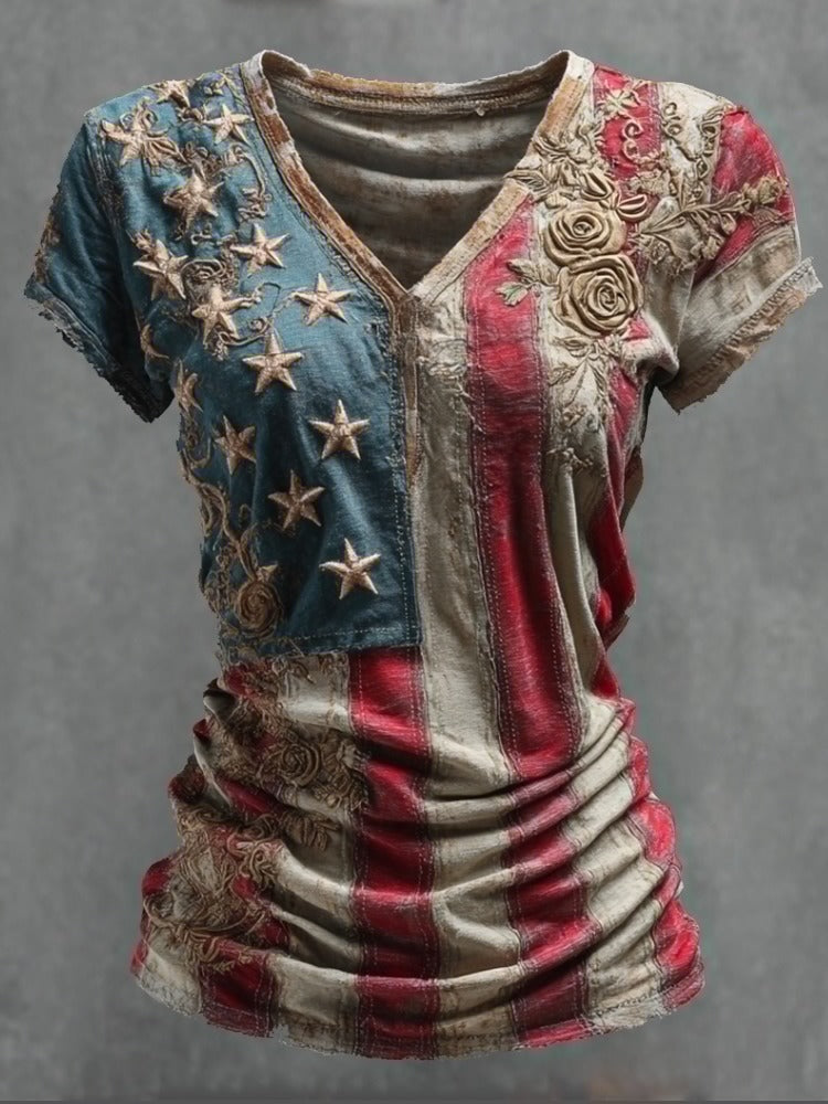 Women's Vintage Independence Day Flag Floral Embroidered V-neck T-shirt