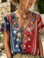 Women's Retro Independence Day With Floral V-neck Short Sleeve T-shirt