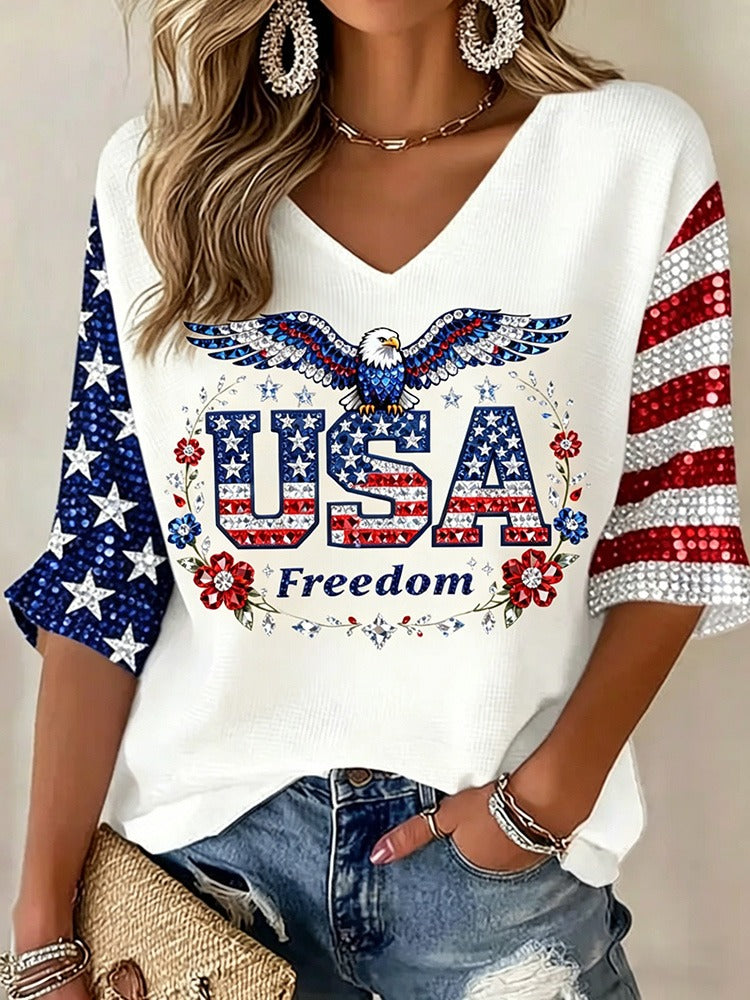 Women's Vintage Flag Art Three-quarter Sleeve V Neck Linen Tops