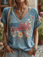 Retro Independence Day Flag Floral Embroidery Cotton Linen T-shirt