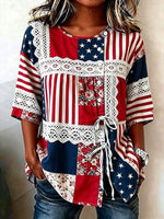 Independence Day Flag & Floral Pattern Tie-front Shirt